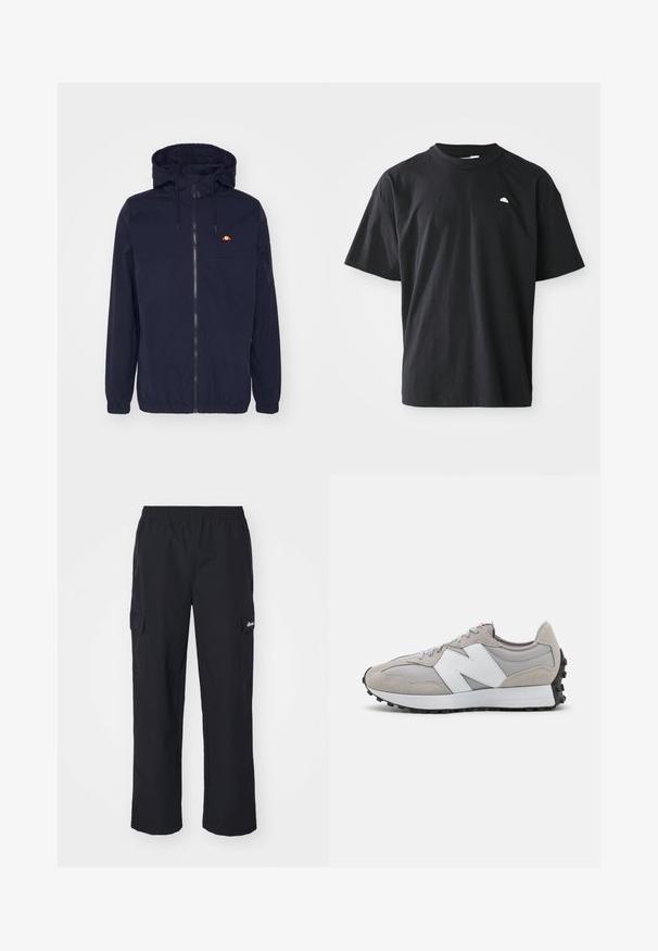 Mørkeblå letvægtsjakke med hætte, lynlås foran, elastiske manchetter og kant. Har et lille rødt og gult logo på venstre bryst.; Sort bomulds T-shirt med afslappet pasform, korte ærmer, rund hals, og en lille hvid logoaccent på brystet. Glat tekstur.; Ellesse TERATILO - Cargobukser - black; Grå sneakers med mesh- og semsket lædermaterialer, med et hvidt sidelogo, grå snørebånd og en sort gummisål.