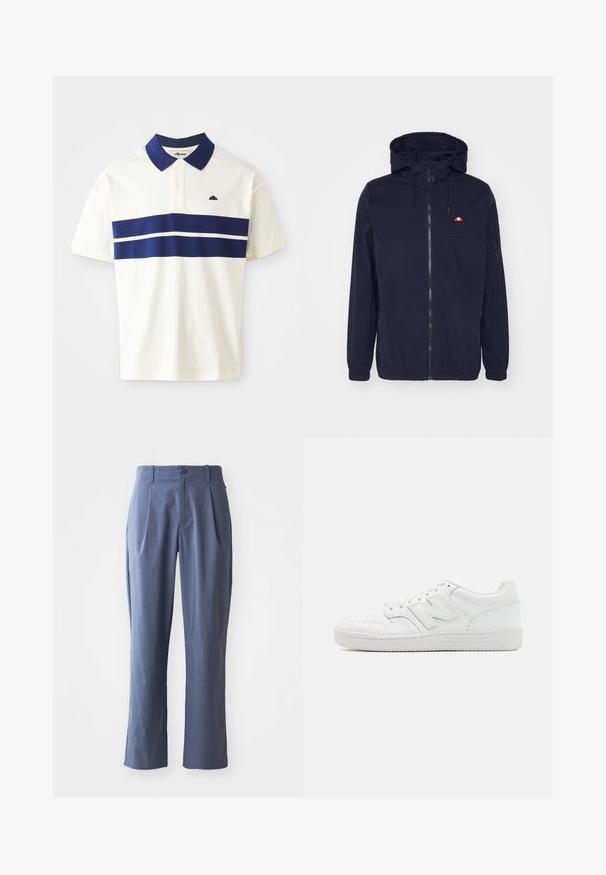 Casaco leve azul-marinho com capuz, fecho à frente, punhos elásticos e bainha. Apresenta um pequeno logótipo vermelho e amarelo no lado esquerdo do peito.; Camisa polo branca com riscas azul-marinho no peito e na gola. Apresenta mangas curtas e um pequeno logótipo do lado esquerdo, perto da gola.; Calças azul-marinho com pregas, de corte reto, feitas de tecido leve, com fecho frontal de botão único e passantes de cinto.; Sapatilha branca feita de couro liso, com bico perfurado, sola de borracha texturizada, atacadores planos e um destacado logotipo 'N' na lateral.