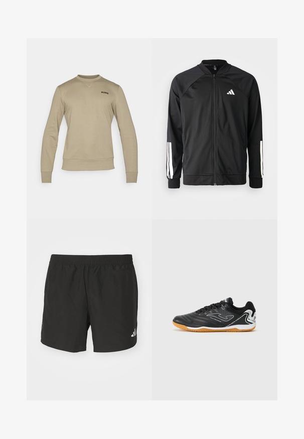 Černá sportovní bunda s předním zipem, raglánovými rukávy, bílým logem Adidas a bílými pruhy na rukávech. Hladká tkanina s elastickými manžetami.; Beige mikina s dlouhými rukávy, žebrovanými manžetami a lemem. Disponuje subtilním kulatým výstřihem a černým logem "BORG" na hrudi.; Černé sportovní šortky s elastickým pasem, bočními rozparky a reflexními akcenty loga. Vyrobené z lehkého a hladkého materiálu.; Černé sportovní boty s texturovaným povrchem, gumovou podrážkou a bílými akcenty. Obsahují šněrovací design a perforované detaily pro prodyšnost.