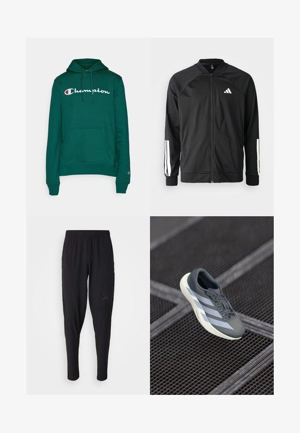 Schwarze Sportjacke mit einem Frontreißverschluss, Raglanärmeln, weißem Adidas-Logo und weißen Streifen an den Ärmeln. Glattes Gewebe mit elastischen Bündchen.; Grüne Baumwollkapuzenjacke mit einer Fronttasche, verstellbaren Kordeln und einem weißen gestickten "Champion"-Logo auf der Brust.; Schwarze Sporthosen mit elastischem Bund, tailliertem Design, Seitentaschen und dezenten Logo-Details. Hergestellt aus flexiblem, atmungsaktivem Material.; Sportsschuh in Grau und Weiß, aus synthetischem Material gefertigt, mit einem schlanken Design, strukturiertem Finish und ausgeprägtem Schnürsystem.
