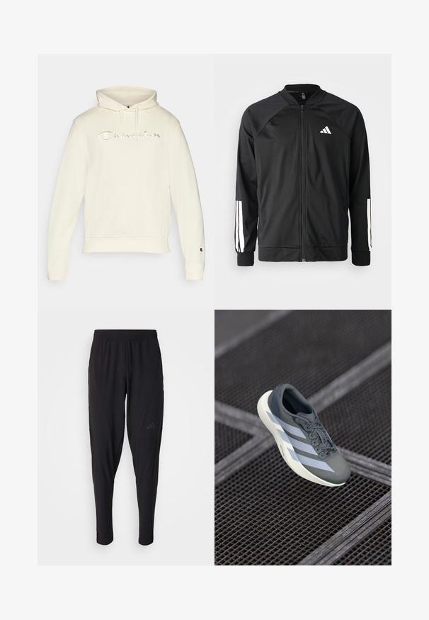 Schwarze Sportjacke mit einem Frontreißverschluss, Raglanärmeln, weißem Adidas-Logo und weißen Streifen an den Ärmeln. Glattes Gewebe mit elastischen Bündchen.; Helle Kapuzenjacke in Creme mit einer Kängurutasche auf der Vorderseite, Kordelzugkapuze und gesticktem 'Champion'-Logo in Schreibschrift über der Brust.; Schwarze Sporthosen mit elastischem Bund, tailliertem Design, Seitentaschen und dezenten Logo-Details. Hergestellt aus flexiblem, atmungsaktivem Material.; Sportsschuh in Grau und Weiß, aus synthetischem Material gefertigt, mit einem schlanken Design, strukturiertem Finish und ausgeprägtem Schnürsystem.