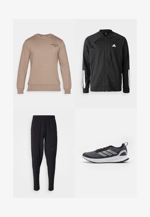 Giacca atletica nera con zip frontale, maniche raglan, logo Adidas bianco e strisce bianche sulle maniche. Tessuto liscio con polsini elasticizzati.; Felpa marrone realizzata in materiale morbido, presenta un collo tondo, maniche lunghe e un logo in testo nero sul lato superiore sinistro.; Pantaloni sportivi neri con vita elastica, design affusolato, tasche laterali e dettagli logo discreti. Realizzati in tessuto flessibile e traspirante.; Scarpe da corsa nere con accenti grigi. Presentano una tomaia testurizzata, una suola robusta e strisce riflettenti. Design leggero con un midsole ammortizzato.