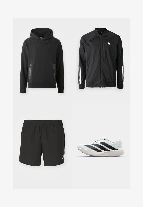 Schwarze Sportjacke mit einem Frontreißverschluss, Raglanärmeln, weißem Adidas-Logo und weißen Streifen an den Ärmeln. Glattes Gewebe mit elastischen Bündchen.; Schwarzer Kapuzenpullover mit einer Kängurutasche, aus einem weichen Material gefertigt. Verfügt über einen Kordelzug und ein Logo auf der Brust. Lange Ärmel mit Bündchen.; Schwarze Sportshorts mit einem elastischen Taillenbund, seitlichen Schlitzen und reflektierenden Logoakzenten. Hergestellt aus leichtem, glattem Material.; Leichte Laufschuhe in hellblau mit schwarzen Streifen. Sie verfügen über ein glattes Obermaterial, eine runde Zehenpartie und eine dicke weiße Zwischensohle, die mit "LIGHTSTRIKE PRO" beschriftet ist.