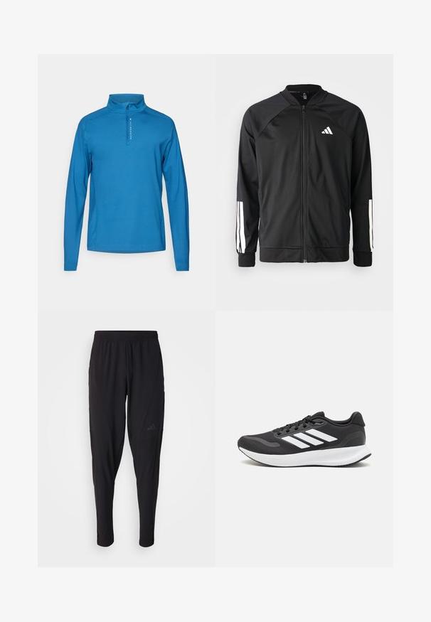 Musta urheilujakku, jossa on vetoketju edessä, raglan-hihat, valkoinen Adidas-logo ja valkoiset raidat hihoissa. Sujuva kangas ja joustavat hihansuut.; Sininen pitkähihainen pusero, jossa on vetoketjukaulus, valmistettu sileästä kankaasta. Edessä on hillitty logo-yksityiskohta.; Mustat urheiluhousut, joissa on joustava vyötärö, kapeneva malli, sivutaskut ja hillitty logoyksityiskohta. Valmistettu joustavasta ja hengittävästä kankaasta.; Mustat urheilukengät hengittävällä verkkosella yläosalla, valkoisilla yksityiskohdilla ja pehmustetulla pohjalla. Sivussa on kolme raitaa -logo.