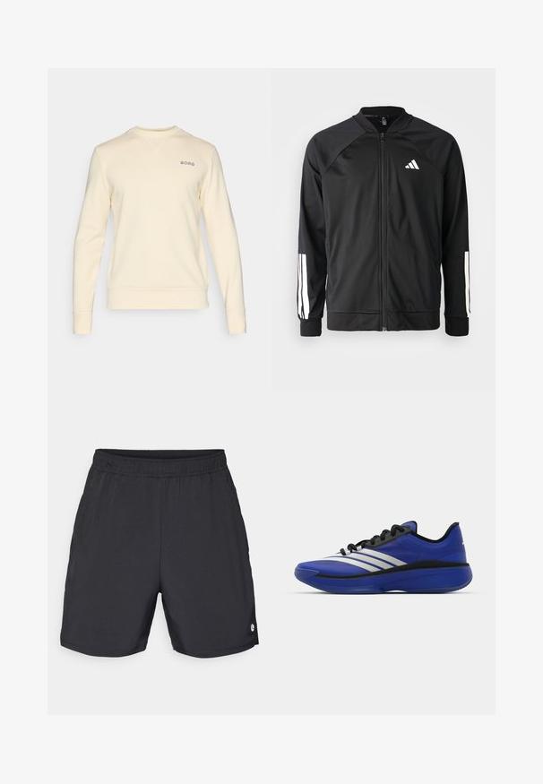 Black athletic jacket with a front zipper, raglan sleeves, white Adidas logo, and white stripes on sleeves. Smooth fabric with elastic cuffs.; Cream-colored sweatshirt made of soft fabric, featuring a round neckline, long sleeves, and a small embroidered logo on the chest.; Black athletic shorts made of lightweight fabric, featuring an elastic waistband and a small logo accent on the lower right leg.; adidas Performance ADIZERO SELECT 3.0 - Basketball shoes - lucid blue/core black/metallic