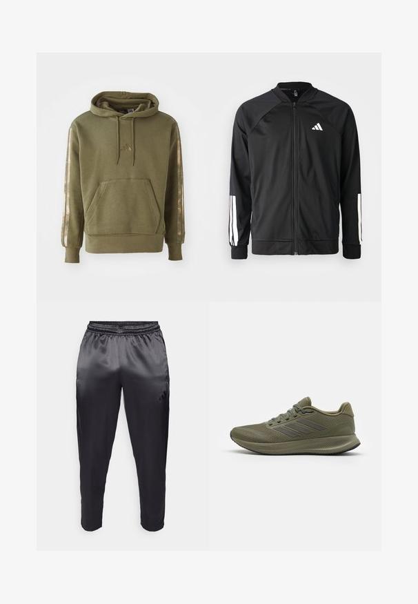 Casaco atlético preto com fecho na frente, mangas raglan, logotipo Adidas branco e riscas brancas nas mangas. Tecido suave com punhos elásticos.; Sweatshirt verde oliva com um bolso na frente, capuz com cordão e detalhes metálicos em rosa nas mangas. Apresenta um pequeno logótipo no peito.; Calças atléticas pretas feitas de um tecido leve e suave com um cós elástico. Apresenta um pequeno logótipo no lado esquerdo e pernas ajustadas.; Tênis atléticos verdes com parte superior em malha texturizada, três riscas cinzentas de lado e uma sola acolchoada. Possui atacadores e um colarinho acolchoado.