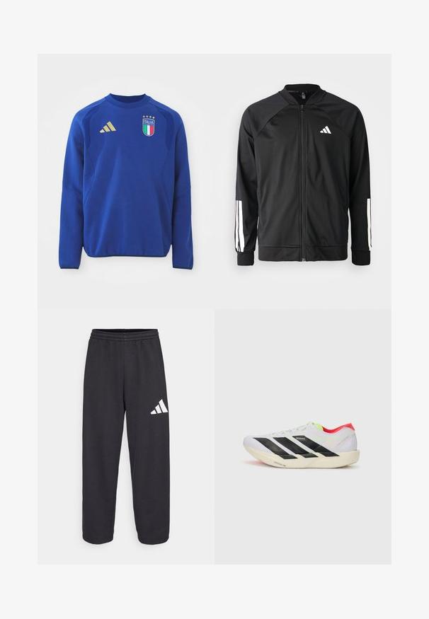 Giacca atletica nera con zip frontale, maniche raglan, logo Adidas bianco e strisce bianche sulle maniche. Tessuto liscio con polsini elasticizzati.; Felpa blu realizzata in tessuto morbido, con collo rotondo, maniche lunghe e dettagli dorati. Mostra il crest della nazionale italiana.; Pantaloni da tuta neri con vestibilità comoda, dotati di una vita elastica e un logo geometrico bianco sulla gamba sinistra. Tessuto dalla texture liscia.; Scarpa da corsa bianca con strisce nere, dettagli in verde neon e tallone rosso. Presenta un design leggero e una suola testurizzata per aderenza.