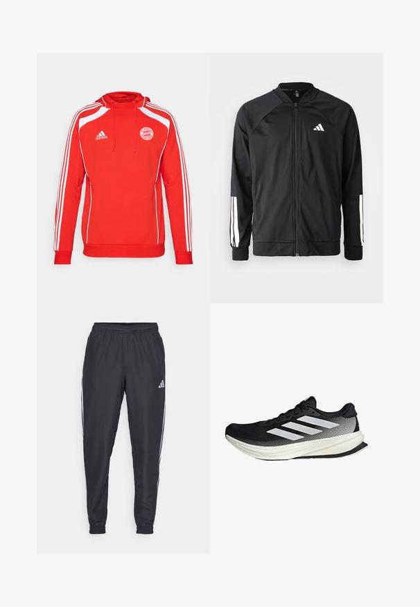 Chaqueta deportiva negra con cremallera frontal, mangas raglán, logo de Adidas en blanco y rayas blancas en las mangas. Tejido suave con puños elásticos.; Sudadera con capucha roja y acentos blancos, con tres franjas blancas a lo largo de las mangas. Presenta el logo del FC Bayern München y capucha con cordón.; Pantalones deportivos negros con cinturilla elástica, que presentan franjas blancas a lo largo de los lados y un pequeño logo en la cadera. Textura suave.; Zapato deportivo negro con un diseño de malla, que presenta rayas blancas, una puntera redondeada y una suela texturizada para agarre y soporte.