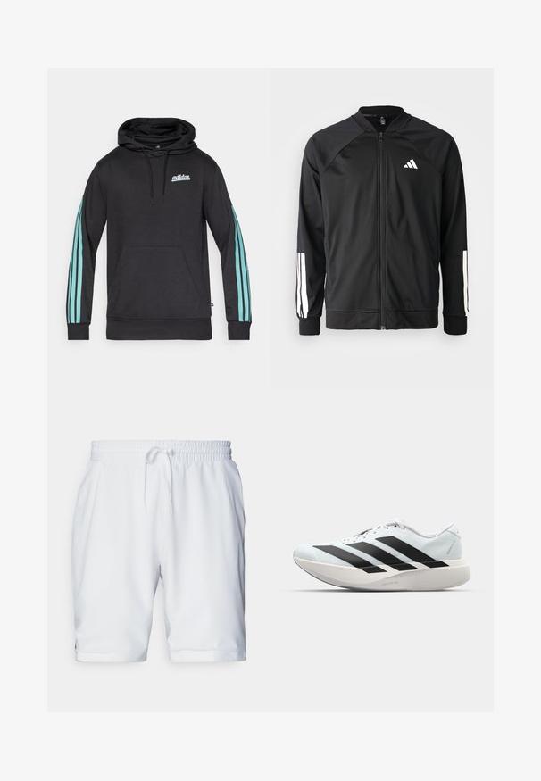 Giacca atletica nera con zip frontale, maniche raglan, logo Adidas bianco e strisce bianche sulle maniche. Tessuto liscio con polsini elasticizzati.; Felpa nera con cappuccio e tasca frontale, caratterizzata da strisce azzurro chiare sulle maniche e un piccolo logo sul petto. Realizzata in tessuto morbido.; Shorts atletici bianchi con vita elastica e coulisse regolabile. Tessuto morbido con una texture sottile, dotati di tasche laterali.; Scarpe da corsa leggere di colore azzurro pallido con strisce nere. Presentano una tomaia liscia, punta rotonda e un'ampia intersuola bianca etichettata "LIGHTSTRIKE PRO."