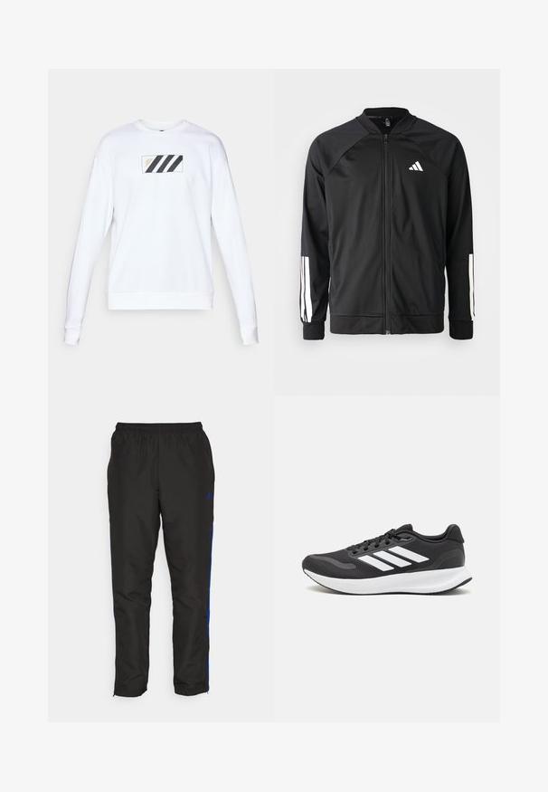 Chaqueta deportiva negra con cremallera frontal, mangas raglán, logo de Adidas en blanco y rayas blancas en las mangas. Tejido suave con puños elásticos.; Sudadera blanca con un parche rectangular que tiene tres rayas diagonales negras y texto dorado. Tejido suave, mangas largas y puños acanalados.; Pantalones de chándal negros con franjas laterales azules, cinturilla elástica, textura suave y piernas ajustadas. Presenta un logo cerca de la cinturilla.; Zapatilla deportiva negra con parte superior de malla transpirable, acentos en blanco y una suela acolchada. Presenta el logo de tres rayas en el costado.
