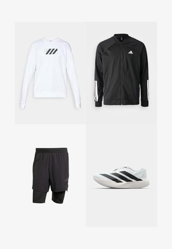 Zwarte sportjack met een rits aan de voorkant, raglanmouwen, wit Adidas-logo en witte strepen op de mouwen. Gladde stof met elastische manchetten.; Witte sweatshirt met een rechthoekige patch met drie zwarte diagonale strepen en gouden tekst. Zachte stof, lange mouwen en geribbelde manchetten.; Zwarte sportshorts met geïntegreerde binnenlaag, gemaakt van ademend materiaal. Bevat een subtiele logo en gestructureerde textuur. Verstelbare tailleband.; Lichte hardloopschoenen in lichtblauw met zwarte strepen. Beschikt over een soepele bovenkant, ronde neusstuk en dikke witte tussenzool met het label "LIGHTSTRIKE PRO."