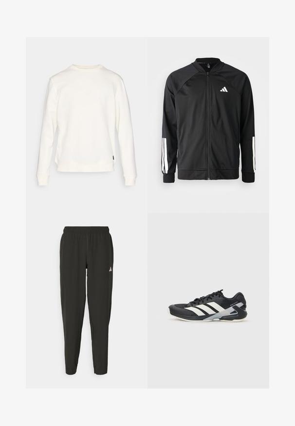 Crna sportska jakna s prednjim zatvaračem, raglan rukavima, bijelim Adidas logom i bijelim prugama na rukavima. Glatka tkanina s elastičnim manžetama.; Bijela dukserica napravljena od mekog materijala, s dugim rukavima, okruglim izrezom i ravnim rubom s malom oznakom brenda sa strane.; Crne atletske hlače s elastičnom waistband-om, slim fit kroja i bijelim logom na lijevoj nozi. Glatka, lagana tkanina.; Crne atletske cipele s bijelim prugama, mrežasta gornja strana, zaobljeni prst i podstavljeni đon. Imaju teksturiranu petu i siguran sustav vezivanja.