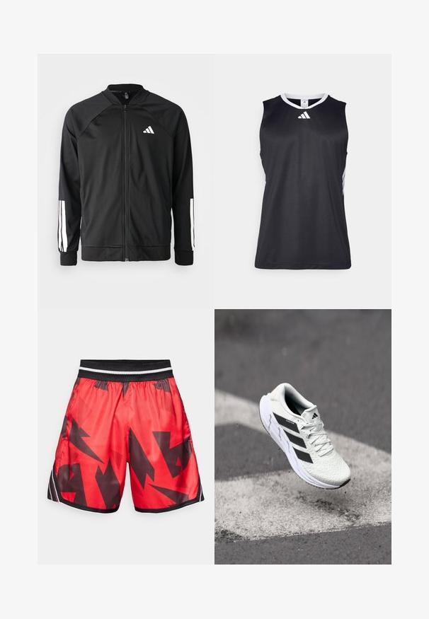Black athletic jacket with a front zipper, raglan sleeves, white Adidas logo, and white stripes on sleeves. Smooth fabric with elastic cuffs.; Black sleeveless athletic tank top with a V-neck, white accents on the sides, and a white Adidas logo on the chest. Smooth, moisture-wicking fabric.; Red athletic shorts with a black abstract pattern, elastic waistband with white and black stripes, made of shiny, lightweight material.; White athletic shoe with textured mesh upper, black stripes, lace closure, and a cushioned sole, levitating above a marked road surface.