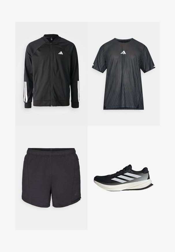 Svart sportjacka med framdraget blixtlås, raglanärmar, vitt Adidas-logotyp och vita ränder på ärmarna. Slät tyg med elastiska mudd.; Svart atletisk t-shirt med korta ärmar, med ett texturerat diagonalt randmönster och en vit Adidas-logotyp på bröstet och ärmarna.; Svarta atletiska shorts med elastiskt midjeband och subtil Adidas-logga på vänster ben, visade mot en enkel vit bakgrund.; Svart atletisk sko med nätmönster, som har vita ränder, rund tå och en strukturerad sula för grepp och stöd.