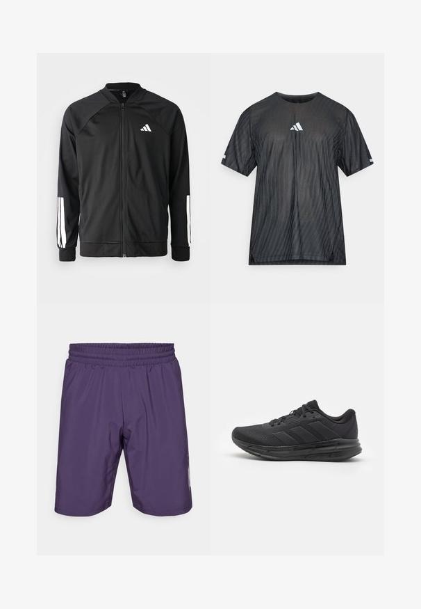 Black athletic jacket with a front zipper, raglan sleeves, white Adidas logo, and white stripes on sleeves. Smooth fabric with elastic cuffs.; Black athletic t-shirt with short sleeves, featuring a textured diagonal stripe pattern and a white Adidas logo on the chest and sleeves.; Purple athletic shorts with an elastic waistband, smooth texture, and side accents. Features a mid-thigh length and simple design.; Black athletic shoe with a mesh upper, rubber sole, textured design, and three stripes detail on the side. Foam cushioning for comfort.