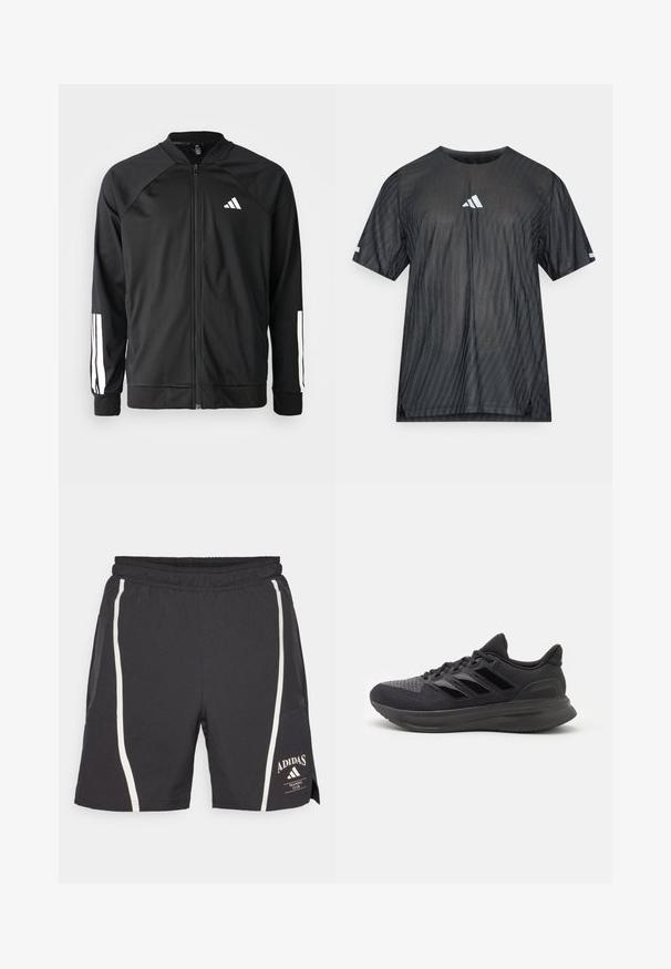 Crna sportska jakna s prednjim zatvaračem, raglan rukavima, bijelim Adidas logom i bijelim prugama na rukavima. Glatka tkanina s elastičnim manžetama.; Crna atletska majica kratkih rukava s teksturiranim dijagonalnim prugama i bijelim Adidas logotipom na prsima i rukavima.; Crne atletske kratke hlače s elastičnom gumom u struku, s bijelim bočnim trakama i Adidas logotipom na donjem desnom dijelu noge.; Crne atletske cipele s teksturiranim gornjim dijelom od tkanine, gumeni potplat i tri sjajne crne pruge sa strane. Zaobljeni vrh i uložak u peti.