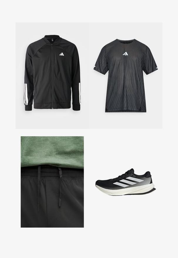 Černá sportovní bunda s předním zipem, raglánovými rukávy, bílým logem Adidas a bílými pruhy na rukávech. Hladká tkanina s elastickými manžetami.; Černé sportovní tričko s krátkými rukávy, které má texturovaný diagonální proužkovaný vzor a bílé logo Adidas na hrudi a rukávech.; Zelené sportovní tričko s texturovaným povrchem přeložené přes černé šortky s elastickým pasem a hladkým materiálem.; Černá sportovní boty s síťovaným designem, s bílými pruhy, zaoblenou špičkou a texturovanou podrážkou pro lepší přilnavost a oporu.