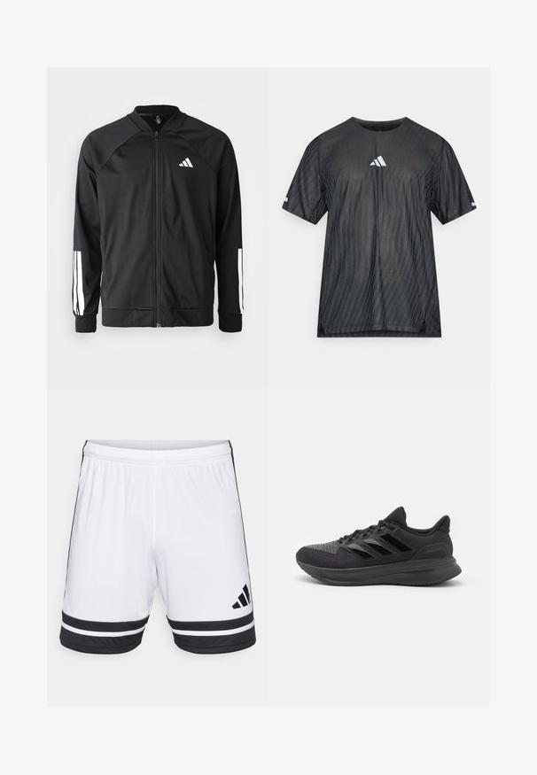 Černá sportovní bunda s předním zipem, raglánovými rukávy, bílým logem Adidas a bílými pruhy na rukávech. Hladká tkanina s elastickými manžetami.; Černé sportovní tričko s krátkými rukávy, které má texturovaný diagonální proužkovaný vzor a bílé logo Adidas na hrudi a rukávech.; Bílé sportovní kraťasy s černými horizontálními pruhy na lemu a černým logem Adidas. Elastický pas pro nastavitelnou velikost.; Černá sportovní bota s texturovaným textilním svrškem, gumovou podrážkou a třemi lesklými černými pruhy po straně. Zaoblená špička a polstrovaný podpatek.