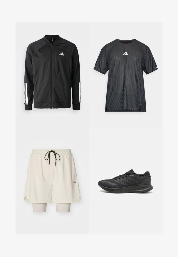 Black athletic jacket with a front zipper, raglan sleeves, white Adidas logo, and white stripes on sleeves. Smooth fabric with elastic cuffs.; Black athletic t-shirt with short sleeves, featuring a textured diagonal stripe pattern and a white Adidas logo on the chest and sleeves.; Cream athletic shorts with an elastic waistband, drawstring, and inner beige leggings. Textured fabric and side slits for movement.; Black athletic shoes with a mesh upper, smooth textile accents, round toe, flat laces, and textured rubber outsole for grip.