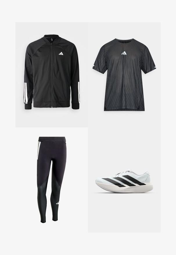Black athletic jacket with a front zipper, raglan sleeves, white Adidas logo, and white stripes on sleeves. Smooth fabric with elastic cuffs.; Black athletic t-shirt with short sleeves, featuring a textured diagonal stripe pattern and a white Adidas logo on the chest and sleeves.; Black athletic leggings with textured lower fabric featuring small white dots. Includes side pocket and contrasting panel design.; Lightweight running shoes in pale blue with black stripes. Features a smooth upper, round toe, and thick white midsole labeled "LIGHTSTRIKE PRO."