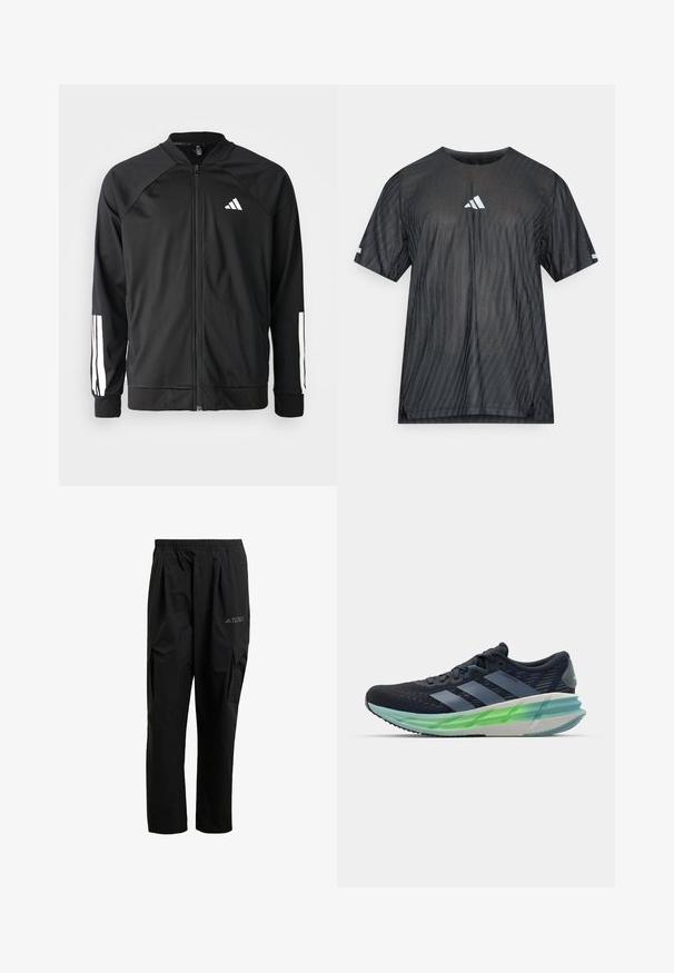 Casaco atlético preto com fecho na frente, mangas raglan, logotipo Adidas branco e riscas brancas nas mangas. Tecido suave com punhos elásticos.; T-shirt atlética preta com mangas curtas, apresentando um padrão texturizado de riscas diagonais e um logótipo branco da Adidas no peito e nas mangas.; Calças cargo pretas feitas de material leve, com um cós elástico, bolsos laterais e um logo discreto na coxa.; Sapatilha atlética preta e azul com parte superior em malha, três riscas brancas, sola translúcida verde e um padrão texturizado notável. Design leve.