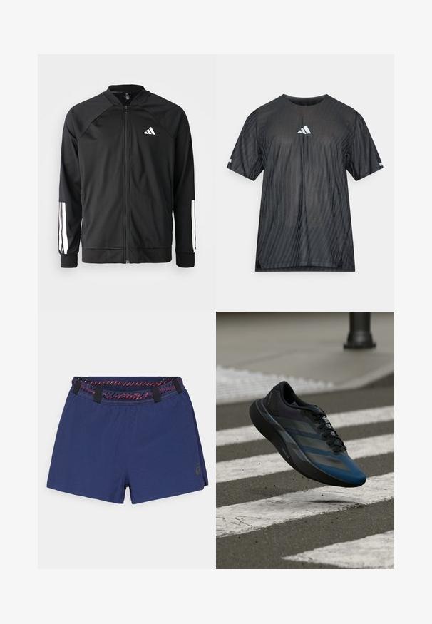 Juodas sportinis džemperis su priekiniais užtrauktukais, raglano stiliaus rankovėmis, balta Adidas logotipu ir baltais juostelėmis ant rankovių. Lygus audinys su elastingomis rankovėmis.; Juoda sportinė marškinėliai trumpomis rankovėmis, su tekstūruotu įstrižu dryžuotu raštu ir baltu Adidas logotipu ant krūtinės ir rankovių.; Tamsiai mėlyni šortai su tekstūruotu audiniu, kontrastinga raudona ir juoda raštuota juosmens juosta, ir šoniniu įpjovimu, suteikiančiu lankstumo.; Juodos ir mėlynos spalvų sportinė batus su aptakiu dizainu, tekstūruotu viršumi, kontrastingomis juostelėmis ir paminkštinta padu, kybantis virš šaligatvio.