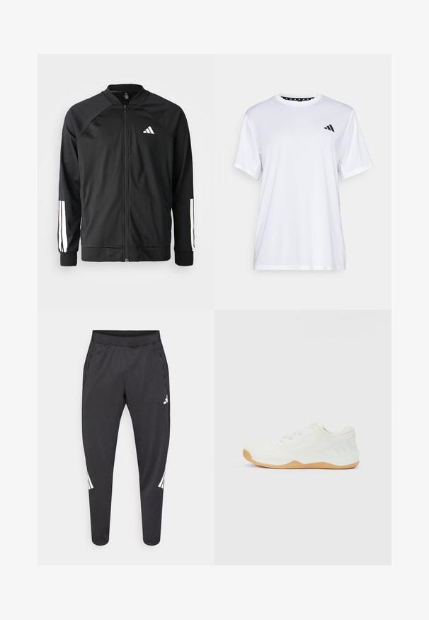 Zwarte sportjack met een rits aan de voorkant, raglanmouwen, wit Adidas-logo en witte strepen op de mouwen. Gladde stof met elastische manchetten.; Witte sport T-shirt met korte mouwen, gemaakt van vochtafvoerende stof. Heeft een zwart logo op de linkerkant van de borst en een gemusterde binnenhals.; Zwarte sportbroek met taps toelopende pijpen, elastische tailleband, zijzakken en witte logo- en streepdetails. Gemaakt van een glad, licht materiaal.; Witte lage sportieve schoen met gebreide bovenkant, beige rubberen zool, veters en een verheven "TYR"-logo aan de zijkant van de hiel.