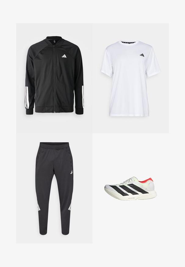 Black athletic jacket with a front zipper, raglan sleeves, white Adidas logo, and white stripes on sleeves. Smooth fabric with elastic cuffs.; White athletic t-shirt with short sleeves, made from moisture-wicking fabric. Features a black logo on the left chest and a patterned interior neckline.; Black athletic pants with tapered legs, elastic waistband, side pockets, and white logo and stripes detailing. Made from a smooth, lightweight material.; White athletic shoe with black diagonal stripes, red accents at the heel, and a textured upper; features LIGHTSTRIKE PRO cushioning.