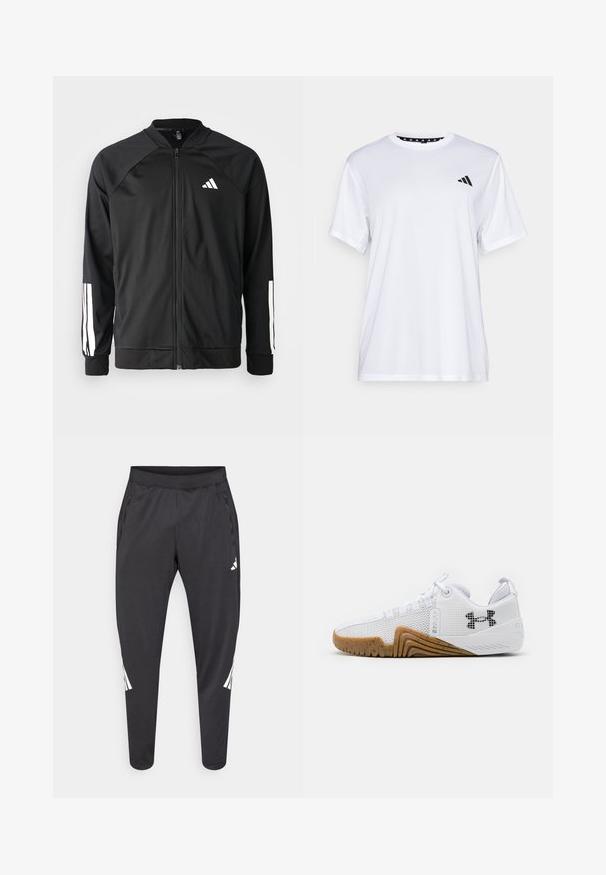 Chaqueta deportiva negra con cremallera frontal, mangas raglán, logo de Adidas en blanco y rayas blancas en las mangas. Tejido suave con puños elásticos.; Camiseta atlética blanca de manga corta, hecha de una tela que absorbe la humedad. Presenta un logo negro en el lado izquierdo del pecho y un cuello interior con un diseño estampado.; Pantalones deportivos negros con piernas ajustadas, cintura elástica, bolsillos laterales y detalles en logo y rayas blancas. Hechos de un material suave y ligero.; Zapatillas deportivas blancas con parte superior de malla, suela de goma de color goma, acentos texturizados y un logo negro en el costado.