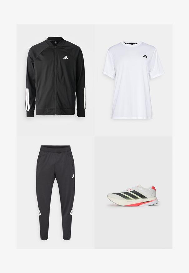 Sort atletisk jakke med lynlås foran, raglanærmer, hvidt Adidas-logo og hvide striber på ærmerne. Glat stof med elastiske manchetter.; Hvid sports t-shirt med korte ærmer, lavet af fugttransporterende stof. Har et sort logo på venstre bryst og en mønstret indvendig halsudskæring.; Sorte atletikbukser med smalle ben, elastisk taljebånd, sidelommer og hvide logoer samt stribedetaljer. Fremstillet af et glat, let materiale.; Hvide athletic sko med sorte og neongrønne striber, strukturdesign på overdelen, røde accenter på hælen og en let ydersål.
