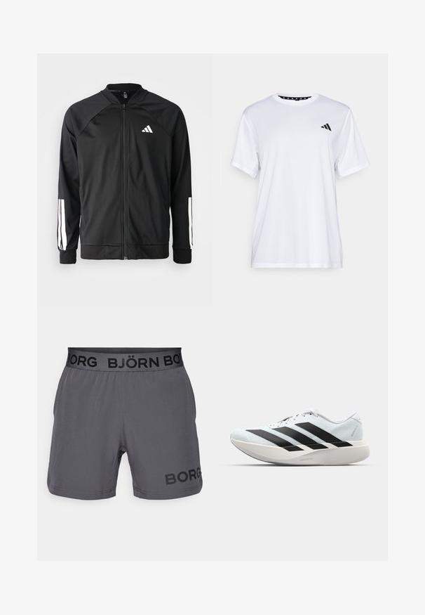 Čierna športová bunda s predným zipsom, raglánovými rukávmi, bielym logom Adidas a bielymi pruhmi na rukávoch. Hladká tkanina s elastickými manžetami.; Biely športový tričko s krátkymi rukávmi, vyrobené z materiálu, ktorý odvádza vlhkosť. Má čierne logo na ľavej hrudi a vzorovaný vnútorný golier.; Sivé atletické šortky s čiernym elastickým pásom, na ktorom je na boku potlač "BJÖRN BORG" a "BORG" v čiernej farbe. Hladká textúra.; Ľahké bežecké topánky v svetlomodrej farbe s čiernymi pruhmi. Majú hladký zvršok, okrúle špičky a hrubú bielu medzipodrážku označenú "LIGHTSTRIKE PRO."