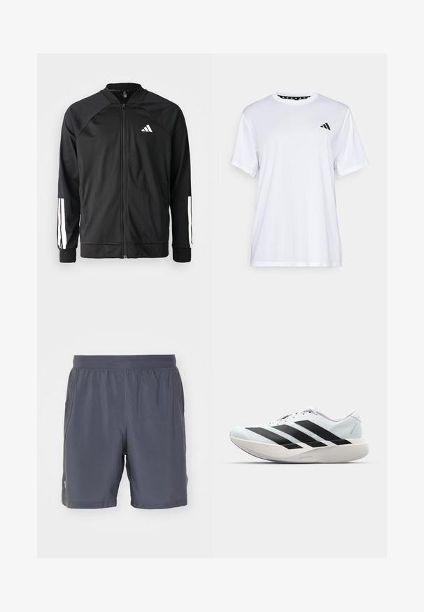 Čierna športová bunda s predným zipsom, raglánovými rukávmi, bielym logom Adidas a bielymi pruhmi na rukávoch. Hladká tkanina s elastickými manžetami.; Biely športový tričko s krátkymi rukávmi, vyrobené z materiálu, ktorý odvádza vlhkosť. Má čierne logo na ľavej hrudi a vzorovaný vnútorný golier.; Sivé športové šortky vyrobené z ľahkého, vodoodpudivého materiálu. Majú elastický pás a prešitú akcentáciu. Bez vreciek.; Ľahké bežecké topánky v svetlomodrej farbe s čiernymi pruhmi. Majú hladký zvršok, okrúle špičky a hrubú bielu medzipodrážku označenú "LIGHTSTRIKE PRO."