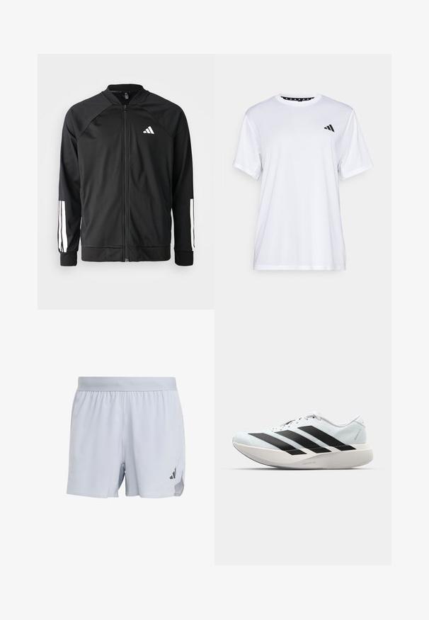 Black athletic jacket with a front zipper, raglan sleeves, white Adidas logo, and white stripes on sleeves. Smooth fabric with elastic cuffs.; White athletic t-shirt with short sleeves, made from moisture-wicking fabric. Features a black logo on the left chest and a patterned interior neckline.; Light gray athletic shorts made of breathable fabric, featuring a textured design, elastic waistband, and black logo accent on the side.; Lightweight running shoes in pale blue with black stripes. Features a smooth upper, round toe, and thick white midsole labeled "LIGHTSTRIKE PRO."