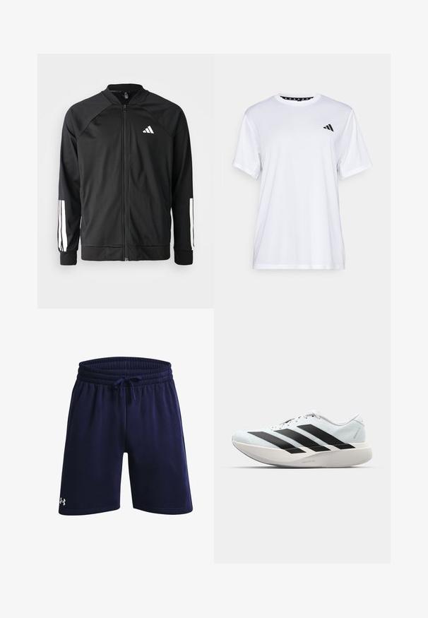 Zwarte sportjack met een rits aan de voorkant, raglanmouwen, wit Adidas-logo en witte strepen op de mouwen. Gladde stof met elastische manchetten.; Witte sport T-shirt met korte mouwen, gemaakt van vochtafvoerende stof. Heeft een zwart logo op de linkerkant van de borst en een gemusterde binnenhals.; Marineblauwe sportshorts gemaakt van zachte stof, met een elastische tailleband en trekkoord, en een klein wit logo aan de onderzijde aan de linkerkant.; Lichte hardloopschoenen in lichtblauw met zwarte strepen. Beschikt over een soepele bovenkant, ronde neusstuk en dikke witte tussenzool met het label "LIGHTSTRIKE PRO."