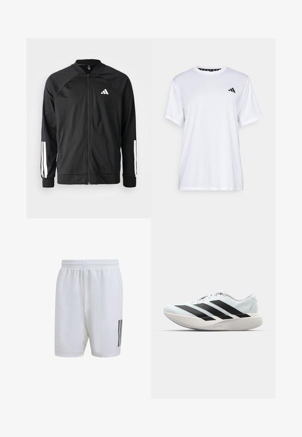 Juodas sportinis džemperis su priekiniais užtrauktukais, raglano stiliaus rankovėmis, balta Adidas logotipu ir baltais juostelėmis ant rankovių. Lygus audinys su elastingomis rankovėmis.; Balta sportinė marškinėliai trumpomis rankovėmis, pagaminti iš drėgmę šalinančios medžiagos. Kairėje krūtinės pusėje yra juodas logotipas, o apykaklės viduje yra raštuotas dizainas.; adidas Performance CLUB 3-STRIPES TENNIS - Sportiniai šortai - white; Lengvi bėgimo batai šviesiai mėlynos spalvos su juodomis juostelėmis. Yra lygus viršus, apvalus pirštas ir storas baltas vidpadis su užrašu "LIGHTSTRIKE PRO."