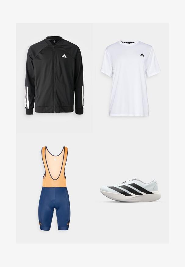 Jachetă sport neagră, cu fermoar frontal, mâneci raglan, logo Adidas alb și dungi albe pe mâneci. Material neted, cu manșete elastice.; Tricou sportiv alb cu mâneci scurte, fabricat dintr-un material care elimina umezeala. Are un logo negru pe pieptul stâng și o guler interiory cu un design patterned.; Pantaloni scurți de ciclism albaștri cu bretele din plasă portocalie, cu pernă pentru șezut și detalii contrastante cu logo-ul. Prezintă un design ajustat și o textură netedă.; Pantofi de alergare ușori în albastru deschis cu dungi negre. Au un superior neted, vârf rotund și o intermediară groasă albă etichetată "LIGHTSTRIKE PRO."