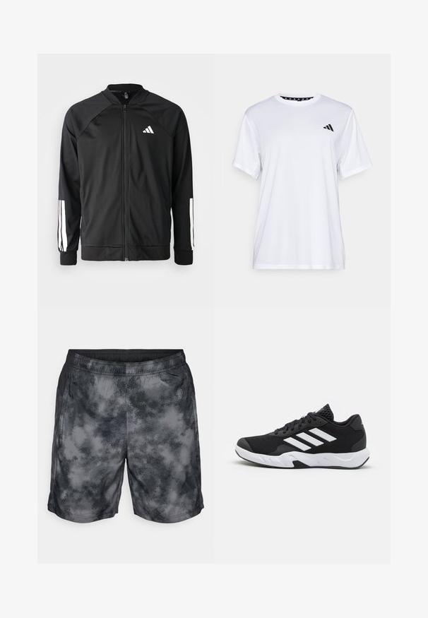 Chaqueta deportiva negra con cremallera frontal, mangas raglán, logo de Adidas en blanco y rayas blancas en las mangas. Tejido suave con puños elásticos.; Camiseta atlética blanca de manga corta, hecha de una tela que absorbe la humedad. Presenta un logo negro en el lado izquierdo del pecho y un cuello interior con un diseño estampado.; Pantalones cortos deportivos en gris y negro con un patrón parecido a nubes, cintura elástica y bolsillos laterales. El tejido parece ligero y transpirable.; Zapatillas deportivas negras con una parte superior de malla texturizada, rayas de acento blancas, suela acolchada y talón reforzado para mayor soporte.