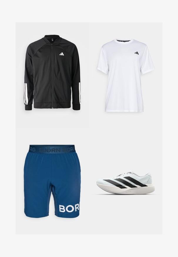 Mustar mustreeritud spordijakk, millel on ees lukuga taskud, raglanvarrukad, valge Adidas logo ja valged triibud varrukatel. Sile kangas elastsete mansettidega.; Valge sportlik T-särk lühikeste varrukatega, valmistatud niiskust eemaldavast kangast. Ees on must logo vasakul rinnal ja soe mustriline kaelaosa.; Björn Borg SHORTS - Spordišortsid - blue wing teal; Kerged jooksujalatsid helesinises värvuses mustade triipudega. Omavad siledat pealispinda, ümarat varvase osa ja paksu valget vahemõõtu, millel on silt "LIGHTSTRIKE PRO".