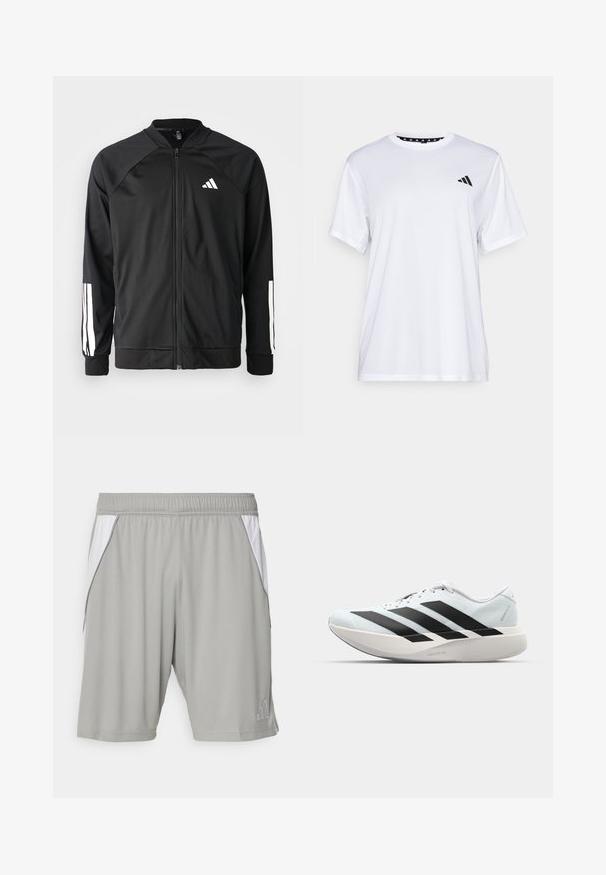 Fekete sportdzseki elől cipzárral, raglán ujjaival, fehér Adidas logóval és fehér csíkokkal az ujjakon. Simakészletű anyag rugalmas mandzsettákkal.; Fehér sportpóló rövid ujjal, nedvességelvezető anyagból készült. A bal mellrészen fekete logó található, és a nyak belső része mintás.; Szürke sportos rövidnadrág könnyű anyagból, fehér oldalsón lévő panelekkel, elasztikus derékpánttal és egy kis logóval az alsó sarokban.; Világoskék, fekete csíkos könnyű futószerek. Simább felső résszel, kerek orral és vastag fehér középtalppal, amelyen a "LIGHTSTRIKE PRO" felirat olvasható.