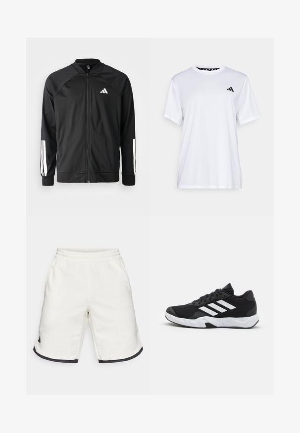 Chaqueta deportiva negra con cremallera frontal, mangas raglán, logo de Adidas en blanco y rayas blancas en las mangas. Tejido suave con puños elásticos.; Camiseta atlética blanca de manga corta, hecha de una tela que absorbe la humedad. Presenta un logo negro en el lado izquierdo del pecho y un cuello interior con un diseño estampado.; Pantalones cortos de tela blanca con cinturilla elástica, bolsillos laterales y ribete negro en el dobladillo. Presenta un logo negro en el lado izquierdo.; Zapatillas deportivas negras con una parte superior de malla texturizada, rayas de acento blancas, suela acolchada y talón reforzado para mayor soporte.