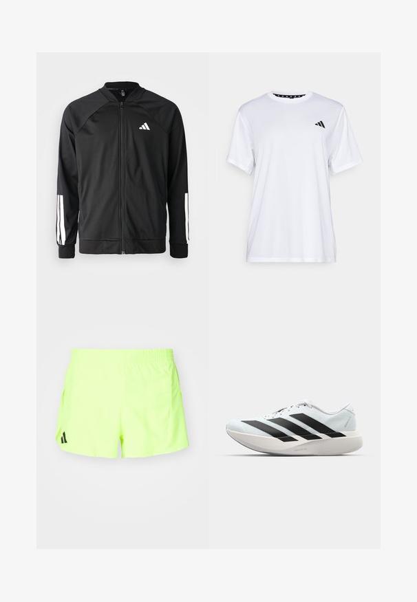 Black athletic jacket with a front zipper, raglan sleeves, white Adidas logo, and white stripes on sleeves. Smooth fabric with elastic cuffs.; White athletic t-shirt with short sleeves, made from moisture-wicking fabric. Features a black logo on the left chest and a patterned interior neckline.; Neon yellow athletic shorts with an elastic waistband, side pockets, and a black logo at the lower left. Smooth, lightweight fabric.; Lightweight running shoes in pale blue with black stripes. Features a smooth upper, round toe, and thick white midsole labeled "LIGHTSTRIKE PRO."