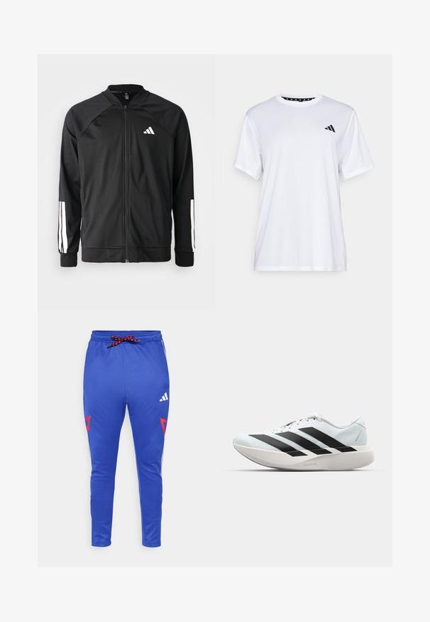 Črna atletska jakna z zadrgo spredaj, raglan rokavi, belo Adidas logo in bele črte na rokavih. Gladek material z elastičnimi manšetami.; Bela športna majica s kratkimi rokavi, izdelana iz tkanine, ki odvaja vlago. Ima črn logotip na levem prsnem delu in vzorčasto notranjo vratno odprtino.; Modre atletske hlače z vrvico v pasu, s rdečimi detajli in belimi črtami ob straneh. Narejene iz gladkega, lahkega materiala.; Lahki tekaški čevlji v svetlo modri barvi z belimi črtami. Imajo gladek zgornji del, okroglo kapico in debel bel srednji podplat z označbo "LIGHTSTRIKE PRO."