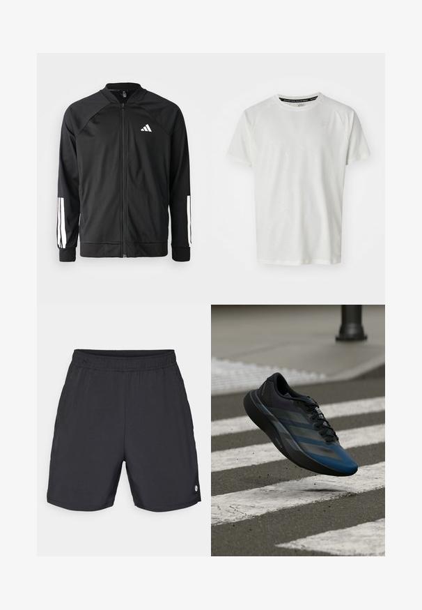Svart treningsjakke med frontglidelås, raglanermer, hvit Adidas-logo og hvite striper på ermene. Glatt stoff med elastiske mansjetter.; ASICS GAME - T-shirts - cream; Sorte treningshorts laget av lett materiale, med elastisk midje og en liten logo på nederste høyre ben.; Svart og blå atletisk sko med en strømlinjeformet utforming, som har en teksturert overdel, kontrasterende striper og en polstret såle, svevende over fortauet.