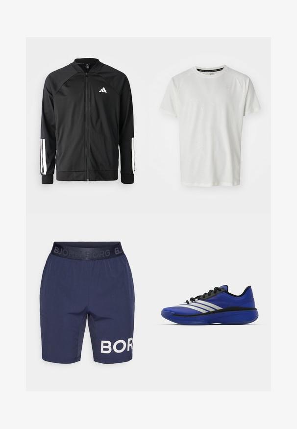 Fekete sportdzseki elől cipzárral, raglán ujjaival, fehér Adidas logóval és fehér csíkokkal az ujjakon. Simakészletű anyag rugalmas mandzsettákkal.; ASICS GAME - Basic póló - cream; Tengerészkék rövidnadrág fekete gumis derékkal, melyen a "BJÖRN BORG" felirat látható. A jobb lábon egy nagy, fehér pöttyözött "BOR" logo található.; adidas Performance ADIZERO SELECT 3.0 - Kosárlabdacipők - lucid blue/core black/metallic