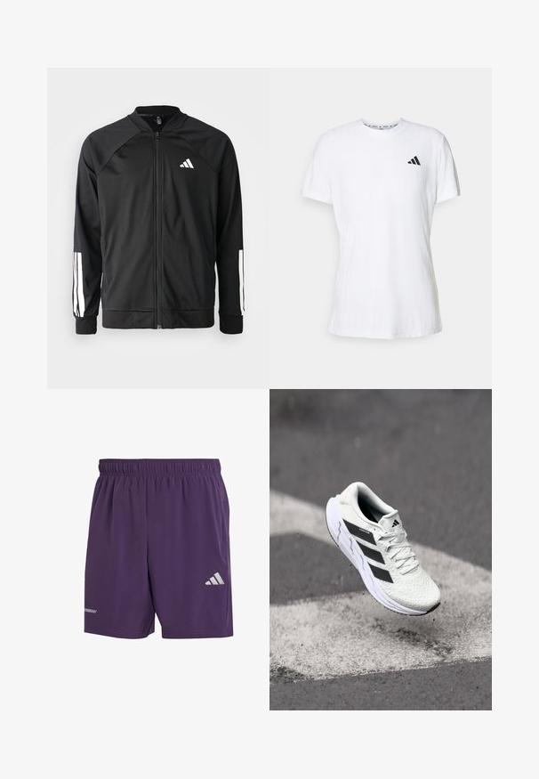 Black athletic jacket with a front zipper, raglan sleeves, white Adidas logo, and white stripes on sleeves. Smooth fabric with elastic cuffs.; White cotton t-shirt with short sleeves, featuring a textured finish and a black three-stripe logo on the left chest. Crew neckline.; Purple athletic shorts with an elastic waistband, featuring a silver Adidas logo and a smooth, breathable fabric. No pockets visible.; White athletic shoe with textured mesh upper, black stripes, lace closure, and a cushioned sole, levitating above a marked road surface.