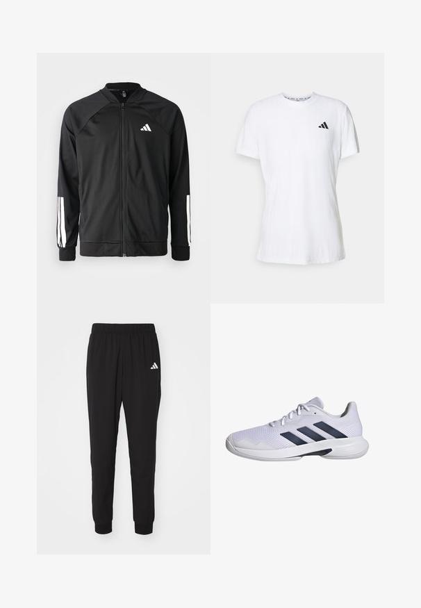 Zwarte sportjack met een rits aan de voorkant, raglanmouwen, wit Adidas-logo en witte strepen op de mouwen. Gladde stof met elastische manchetten.; Witte katoenen t-shirt met korte mouwen, met een gestructureerde afwerking en een zwart logo met drie strepen op de linkerkant van de borst. Ronde hals.; Zwarte sportbroek met een elastische tailleband, geaccentueerde enkels en een wit Adidas-logo op de linkerdij. Gemaakt van lichtgewicht, glad materiaal.; Witte sportieve schoen met ademend mesh bovenwerk, marineblauwe drie-strepen ontwerp, gestructureerde zool en een ronde neus voor extra stabiliteit.