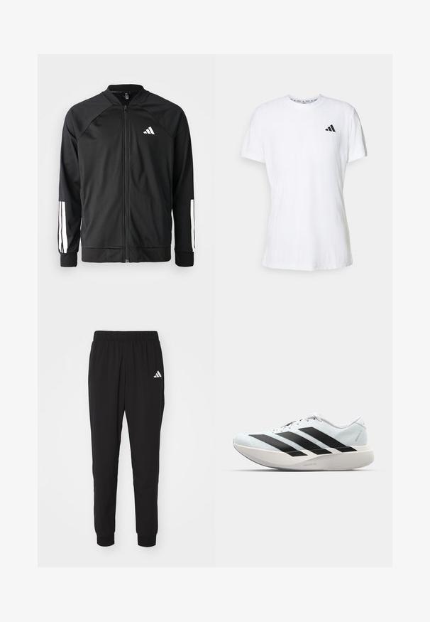 Black athletic jacket with a front zipper, raglan sleeves, white Adidas logo, and white stripes on sleeves. Smooth fabric with elastic cuffs.; White cotton t-shirt with short sleeves, featuring a textured finish and a black three-stripe logo on the left chest. Crew neckline.; Black athletic pants with an elastic waistband, cuffed ankles, and white Adidas logo on the left thigh. Made from lightweight, smooth fabric.; Lightweight running shoes in pale blue with black stripes. Features a smooth upper, round toe, and thick white midsole labeled "LIGHTSTRIKE PRO."