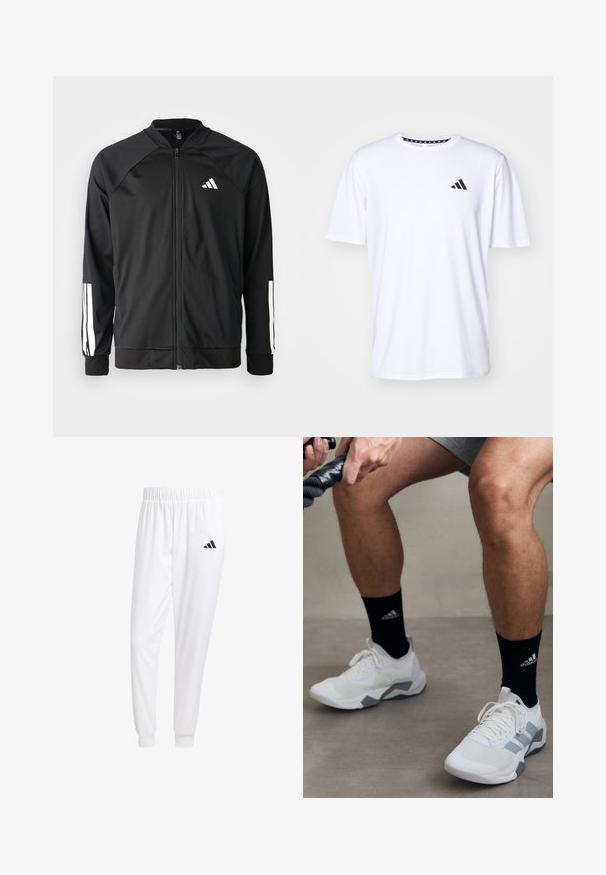 Schwarze Sportjacke mit einem Frontreißverschluss, Raglanärmeln, weißem Adidas-Logo und weißen Streifen an den Ärmeln. Glattes Gewebe mit elastischen Bündchen.; Weißes T-Shirt mit kurzen Ärmeln aus glattem Stoff. Verfügt über ein schwarzes adidas-Logo auf der linken Brust und einen gemusterten Kragen.; Weiße Sporthose aus glattem Stoff, mit einem elastischen Bund und enganliegenden Bündchen, mit einem schwarzen Logo auf der Gesäßtasche.; Weiße Sportschuhe mit grauen Akzenten, strukturiertem Material und Schnürdesign. Getragen mit schwarzen Socken mit einem Logo.