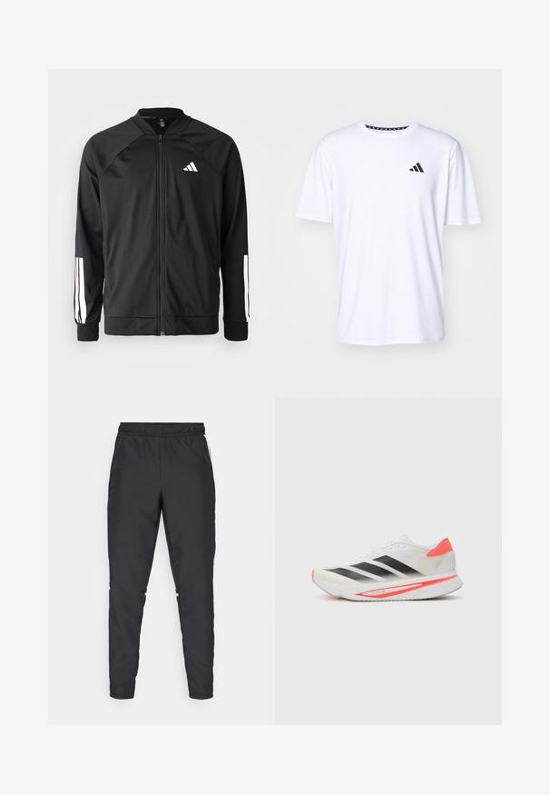 Giacca atletica nera con zip frontale, maniche raglan, logo Adidas bianco e strisce bianche sulle maniche. Tessuto liscio con polsini elasticizzati.; Maglietta bianca a maniche corte realizzata in tessuto con una trama liscia. Presenta un logo adidas nero sul lato sinistro del petto e un colletto con motivo.; Pantaloni sportivi neri con cintura elastica, gambe affusolate e dettagli laterali bianchi. Realizzati in materiale sintetico con una texture liscia.; Scarpa da corsa bianca con strisce nere, design curvo, tomaia in mesh lightweight, linguetta del tallone prominente di un brillante rosso, e una suola spessa con dettagli rosa.