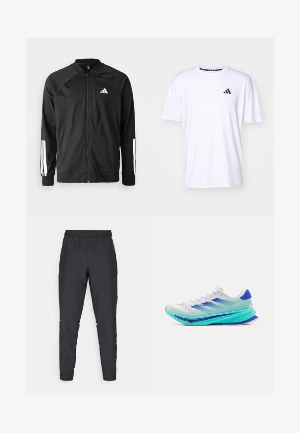 Zwarte sportjack met een rits aan de voorkant, raglanmouwen, wit Adidas-logo en witte strepen op de mouwen. Gladde stof met elastische manchetten.; Witte T-shirt met korte mouwen, gemaakt van stof met een gladde textuur. Heeft een zwart adidas-logo op de linkerborst en een geborduurde kraag.; Zwarte sportbroek met een elastische tailleband, taps toelopende benen en witte zijkanten. Gemaakt van synthetisch materiaal met een gladde textuur.; adidas Performance SUPERNOVA RISE - Hardloopschoenen voor op de weg - footwear white/lucid blue/flash aqua